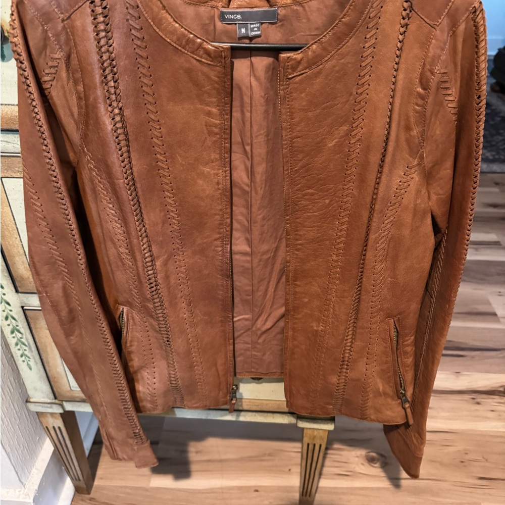 Vince Cognac Leather Zip-Front Jacket